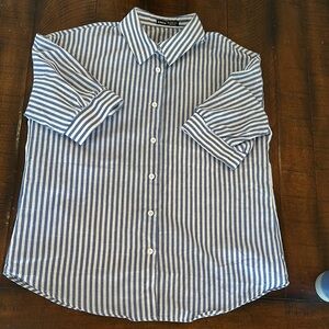 SHEIN Blue and White Striped short sleeve cuffed shirt